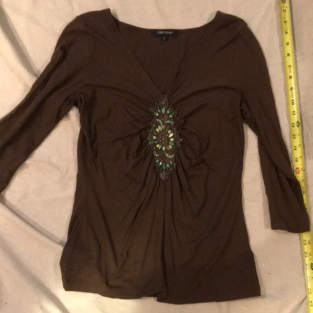 Top, Karen Kane, L, Brn, embellished detail